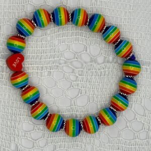 Beaded Rainbow Elastic Bracelet with Love Charm